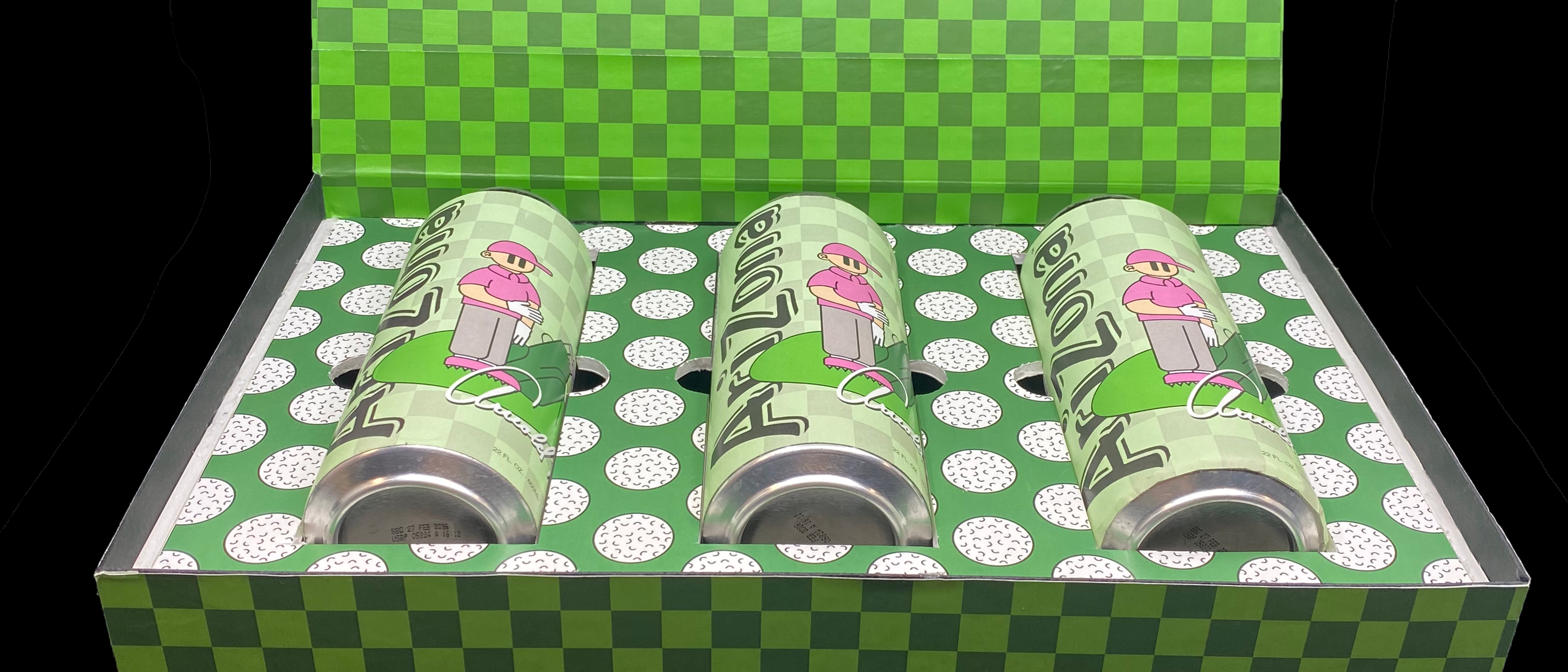 three redesigned cans in checkered green box