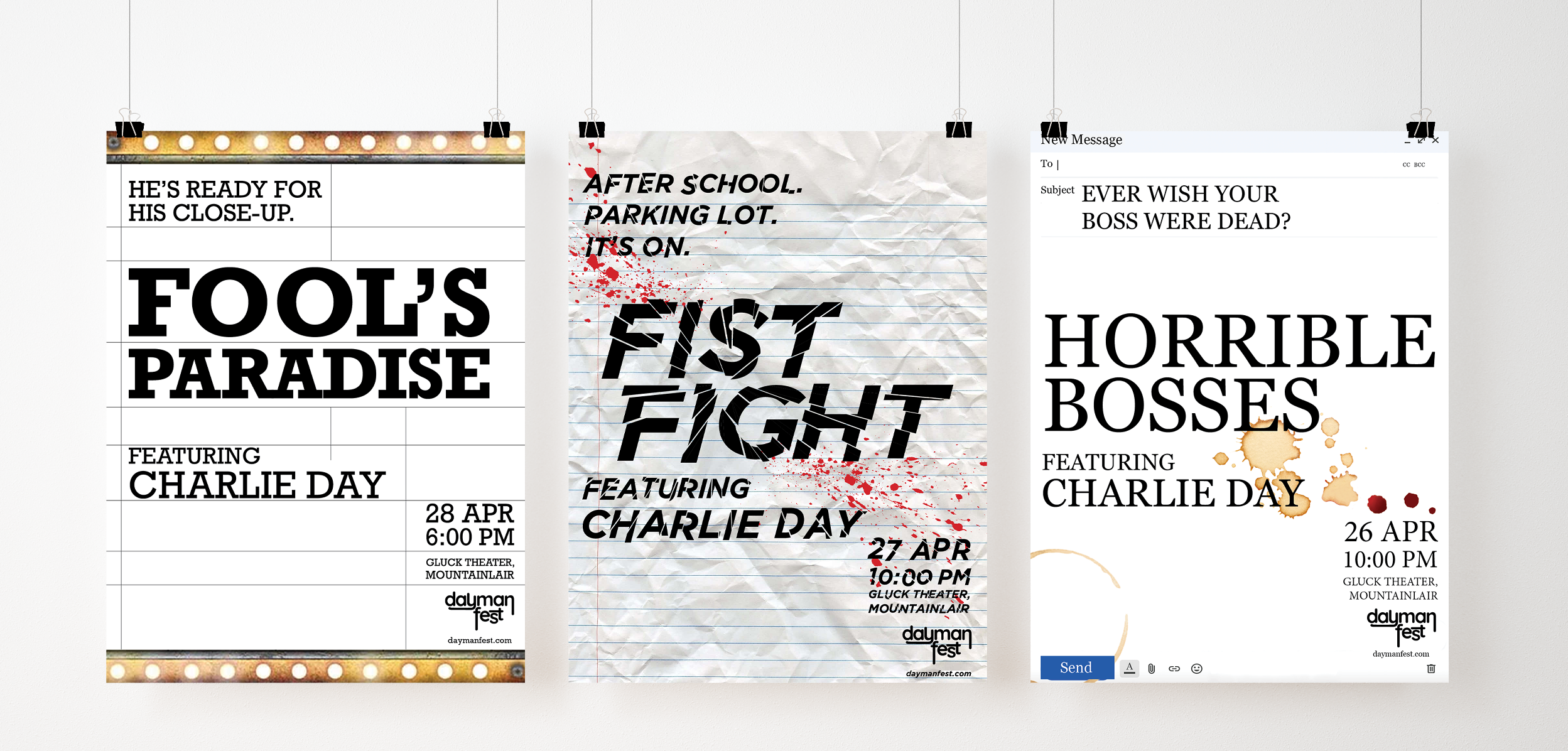 three type posters promoting charlie day movies