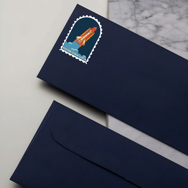 rocket space stamp on blue envelope